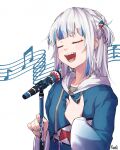  1girl absurdres closed_eyes collarbone fly_me_to_the_moon gawr_gura hair_ornament hairpin highres hololive hololive_english hood hoodie kamigui_0213 microphone music musical_note nail_polish shark_girl sharp_teeth singing smile teeth virtual_youtuber white_hair 