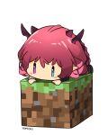  1girl absurdres all_fours artist_name block blue_eyes blush_stickers chibi grass hands_on_floor heterochromia highres hololive hololive_english horns irys_(hololive) long_hair looking_down minecraft namii_(namialus_m) pointy_ears purple_hair simple_background solo violet_eyes virtual_youtuber white_background |_| 