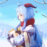  absurdres ahoge alternate_costume animal_hug bangs bell bird blue_hair blush breasts coat curled_horns eyebrows_visible_through_hair fur_coat ganyu_(genshin_impact) genshin_impact highres horns kameg00n long_hair low_ponytail medium_breasts neck_bell outdoors red_scarf scarf sidelocks smile snow upper_body violet_eyes winter winter_clothes winter_coat 