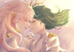  2girls absurdres artist_name blonde_hair choker earrings from_side gloves green_hair highres holding_hands jacket jewelry long_hair macross macross_frontier multiple_girls open_mouth parted_lips ranka_lee rita_(love_giorno) sheryl_nome short_hair smile string string_of_fate tiara white_choker white_gloves white_jacket yuri 