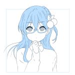  1girl 22/7 blue_eyes blue_hair braid chin_stroking dress_shirt expressionless glasses hair_ornament long_hair looking_at_viewer maruyama_akane serious shirt solo solo_focus standing staring sweater user_xrsv4337 