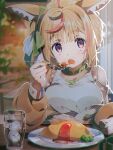  1girl cup drinking_glass eating eyebrows_visible_through_hair food highres hololive ice ice_cube ketchup looking_at_viewer multicolored_hair omaru_polka open_mouth plate pom_(soupy) solo streaked_hair 