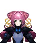  1girl artist_request bangs english_commentary eyebrows_behind_hair flat_chest fortified_suit green_eyes hair_ribbon long_hair muvluv muvluv_alternative official_art pilot_suit portrait project_mikhail ribbon second-party_source smile solo tamase_miki twintails white_background yellow_ribbon 