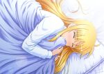  1girl artist_name bangs blonde_hair blush closed_eyes commentary day diesel-turbo eyebrows_visible_through_hair fate_testarossa from_above hair_down lens_flare long_hair lying lyrical_nanoha mahou_shoujo_lyrical_nanoha on_bed on_side signature sleeping solo twitter_username under_covers 