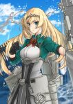  1girl arrow_(projectile) bangs black_gloves blonde_hair blue_eyes bow_(weapon) breasts closed_mouth clouds commentary_request compound_bow day eyebrows_visible_through_hair flower gloves highres holding holding_bow_(weapon) holding_weapon kantai_collection long_hair looking_at_viewer medium_breasts mrdotd outdoors quiver red_flower red_rose rigging rose sky solo tiara very_long_hair victorious_(kancolle) water weapon 