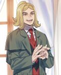  1boy blonde_hair clapping collared_shirt hassel_(pokemon) highres indoors jacket long_sleeves nagiko_(mangalove1111) necktie open_mouth pokemon pokemon_(game) pokemon_sv ponytail red_necktie ringed_eyes shirt short_ponytail solo vest yellow_eyes 