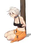  apron black_bra black_panties black_survival bra breasts collar eternal_return:_black_survival jackie_quilt large_breasts orange_apron panties red_eyes restrained scar short_hair sitting smile tattoo underwear wang_mu white_hair yokozuwari 