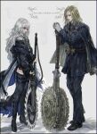  1boy 1girl :d arknights belt_boots black_dress black_footwear black_jacket black_legwear black_pants blonde_hair bloodborne blue_pants boots circular_saw closed_mouth dress english_commentary english_text full_body gloves grey_hair hat highres holding holding_weapon hunter_(bloodborne) jacket knee_boots long_hair long_sleeves looking_at_another nslacka pants red_eyes shoes smile specter_(arknights) thigh-highs thighs weapon white_gloves 