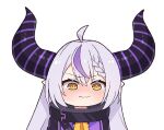  1girl ahoge bangs black_coat blush braid chibi coat collar commentary demon_horns english_commentary eyebrows_visible_through_hair french_braid hair_between_eyes hololive horns kukie-nyan la+_darknesss long_hair looking_at_viewer metal_collar multicolored_hair pointy_ears purple_hair silver_hair single_braid solo streaked_hair striped_horns tears two-tone_hair virtual_youtuber yellow_eyes 