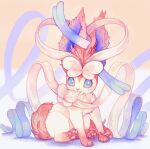  absurdres blue_eyes commentary_request full_body highres looking_at_viewer mokunami mouth_hold no_humans pokemon pokemon_(creature) sitting smile solo sylveon toes white_fur 