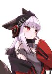  1girl animal_ears arknights bangs bare_shoulders blush closed_mouth commentary e-bushi ears_through_headwear fox_ears fox_girl frostleaf_(arknights) headphones highres jacket long_hair nail_polish off-shoulder_shirt off_shoulder red_eyes shirt silver_hair solo 