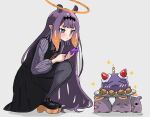  1girl absurdres bangs blunt_bangs cake cellphone dress eyebrows_visible_through_hair food halo highres hololive hololive_english long_hair magui3 multicolored_hair ninomae_ina&#039;nis open_mouth orange_hair phone pointy_ears purple_hair smartphone smile tako_(ninomae_ina&#039;nis) tentacle_hair tentacles virtual_youtuber 