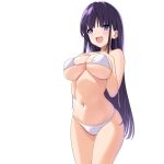  1girl :d absurdres bangs bikini blunt_bangs breasts eyebrows_visible_through_hair hands_on_own_chest highres large_breasts long_hair marui_koishi navel original purple_hair simple_background smile solo standing swimsuit teeth thighs upper_teeth violet_eyes white_background white_bikini 
