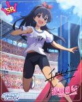  black_hair blue_eyes character_name ganaha_hibiki idolmaster_million_live!_theater_days long_hair ponytail shirt smile 