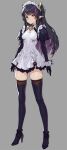  1girl black_hair breasts closed_mouth copyright_request dress frilled_dress frills full_body grey_background highres long_hair multicolored_hair pointy_ears purple_hair siino simple_background small_breasts streaked_hair tagme thigh-highs thighs 