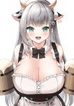  1girl :d absurdres animal_ears bangs black_bow black_bowtie blush bow bowtie breasts commentary_request cow_ears cow_horns cup extra_ears eyebrows_visible_through_hair green_eyes highres holding holding_cup hololive horns large_breasts long_hair neko_lu_(wofud453) open_mouth shirogane_noel shirt silver_hair simple_background smile solo upper_body virtual_youtuber white_background white_shirt 