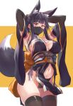  1girl animal_ears arms_behind_head arms_up black_gloves black_hair black_legwear breasts detached_sleeves elbow_gloves fox_ears fox_girl fox_tail gloves large_breasts mask mole mole_on_breast navel original ponytail red_eyes sawaya_(mizukazu) short_hair_with_long_locks short_ponytail sideboob sidelocks solo tail thigh-highs 