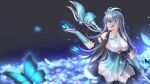  1girl bare_shoulders blue_theme bug butterfly butterfly_on_hand commentary fingerless_gloves gloves grey_hair hand_up highres long_hair looking_to_the_side magia_record:_mahou_shoujo_madoka_magica_gaiden magical_girl mahou_shoujo_madoka_magica muwa12 parted_lips shizumi_konoha solo staff violet_eyes 