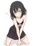  1girl :q bangs bare_arms bare_legs bare_shoulders barefoot black_dress black_hair blue_eyes blush breasts collarbone commentary dress eyebrows_visible_through_hair frilled_dress frills hair_between_eyes head_tilt heart highres kneeling looking_at_viewer medium_hair nonono_(mino) original see-through simple_background sketch slave-chan_(mino) small_breasts solo split_mouth tongue tongue_out white_background 