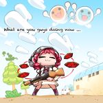  2girls :3 =_= building chibi clouds english_text ground_vehicle gun helmet horikawa_raiko kashuu_(b-q) konpaku_youmu konpaku_youmu_(ghost) motor_vehicle multiple_girls outdoors pink_hair pui_pui_molcar short_hair shotgun silhouette sword taiko_no_tatsujin touhou tree truck wada_don wada_katsu weapon 