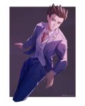  1boy absurdres ace_attorney black_hair formal hand_up highres long_sleeves male_focus necktie phoenix_wright shading short_hair solo spiky_hair suit vest wt2575 