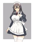  1girl alternate_costume bangs black_dress black_hair dress enmaided grey_eyes hair_ornament hairclip highres juliet_sleeves kantai_collection long_sleeves maid maid_headdress mochizou oyashio_(kancolle) puffy_sleeves short_dress sidelocks solo standing swept_bangs thigh-highs white_legwear 