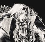  1boy akiyoku alucard_(castlevania) black_background castlevania castlevania:_symphony_of_the_night chain closed_mouth flower greyscale hatching_(texture) highres long_hair male_focus monochrome painterly simple_background solo upper_body 