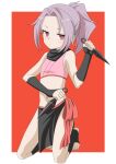  dual_wielding fingerless_gloves gloves highres holding kunai kunoichi_tsubaki_no_mune_no_uchi midriff navel ninja pelvic_curtain ponytail riokasen sazanka_(kunoichi_tsubaki_no_mune_no_uchi) scarf toeless_legwear toenails weapon 