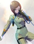  1girl belt bob_cut breasts brown_eyes brown_hair cowboy_shot elbow_gloves ffffcoffee gloves holding holding_whip medium_breasts military military_uniform revision short_hair simple_background the_king_of_fighters uniform whip whip_(kof) white_background 