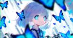 1girl animal artist_name bangs blue_bow blue_butterfly blue_eyes blurry blurry_foreground bow bug butterfly closed_mouth collared_shirt depth_of_field hair_between_eyes long_hair looking_at_viewer mechuragi original shirt signature silver_hair solo suspenders upper_body white_shirt 