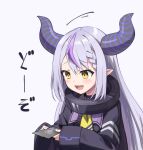  1girl :d ascot bangs black_dress blush collar commentary_request demon_horns dress eyebrows_visible_through_hair fangs hair_between_eyes holding hololive horns kumagapaniti la+_darknesss long_sleeves looking_away metal_collar multicolored_hair pointy_ears purple_hair silver_hair sleeves_past_wrists smile solo streaked_hair translation_request upper_body virtual_youtuber wide_sleeves yellow_ascot yellow_eyes 