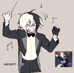  1boy ahoge bangs barry_nah baton_(conducting) black_bow black_bowtie black_eyes black_gloves black_jacket black_pants bow bowtie conductor cowboy_shot cropped_legs danganronpa_(series) danganronpa_v3:_killing_harmony derivative_work gloves grin hair_between_eyes hands_up heterochromia highres holding jacket long_sleeves monokuma musical_note pants personification red_eyes reference_inset reference_photo shirt shirt_tucked_in short_hair smile solo teeth twitter_username white_eyes white_shirt 