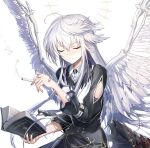  1girl ahoge angel angel_wings arm_cutout arm_strap bandaid bandaid_on_arm bandaid_on_hand bangs between_fingers bible black_dress black_nails blood blood_on_weapon book cigarette closed_eyes collared_shirt dress feathered_wings hair_between_eyes halo highres holding holding_book holding_cigarette holstered_weapon light_blue_eyes long_hair long_sleeves morichika_shuuto open_book original shirt simple_background smoke_trail solo sword weapon white_background white_hair wings 