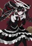  1girl bangs black_hair black_jacket black_legwear bonnet card celestia_ludenberg claw_ring closed_mouth danganronpa:_trigger_happy_havoc danganronpa_(series) drill_hair earrings frilled_jacket frilled_skirt frills gothic_lolita halo hands_up interlocked_fingers jacket jewelry layered_skirt lolita_fashion long_hair long_sleeves looking_at_viewer mame_tsubu nail_polish necktie pale_skin pantyhose playing_card red_background red_eyes red_necktie redhead skirt smile solo twin_drills twintails 