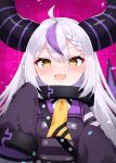  1girl :d ahoge ascot bangs blush braid collar commentary_request demon_horns eyebrows_visible_through_hair fang highres hololive horns jacket la+_darknesss long_hair long_sleeves looking_at_viewer metal_collar multicolored_hair open_mouth pointy_ears profnote purple_jacket skin_fang sleeves_past_fingers sleeves_past_wrists smile solo streaked_hair upper_body virtual_youtuber yellow_ascot yellow_eyes 