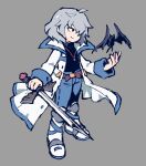  1boy akiyoku animal bat belt black_eyes castlevania castlevania:_aria_of_sorrow chibi closed_mouth coat denim grey_background grey_hair hair_over_one_eye highres holding holding_sword holding_weapon jeans jewelry male_focus necklace open_clothes open_coat pants simple_background smile standing sword turtleneck weapon white_coat white_footwear 