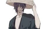  1boy 76piccolo eyebrows_visible_through_hair eyes_visible_through_hair gintama green_eyes hair_over_one_eye hand_on_headwear hat highres japanese_clothes male_focus one_eye_closed parted_lips purple_hair solo takasugi_shinsuke white_background 