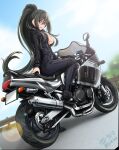  1girl bangs biker_clothes bikesuit black_hair black_jumpsuit blue_sky blurry blurry_background bodysuit breasts clouds cloudy_sky commentary_request day depth_of_field diesel-turbo dutch_angle grisaia_(series) grisaia_phantom_trigger ground_vehicle highres inohara_maki jacket large_breasts leather leather_jacket long_hair long_sleeves looking_at_viewer looking_back motor_vehicle motorcycle on_motorcycle open_mouth outdoors partial_commentary partially_unzipped ponytail railing red_eyes sidelocks sky smile solo suzuki_gsx-1100 very_long_hair 