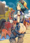  1girl absurdres aqua_hair ass back backpack bag bandages blue_eyes blue_sky breasts clouds dirty dirty_clothes dirty_face drum_(container) ear_piercing gloves ground_vehicle hair_ornament hairclip hammer hat highres looking_at_viewer motor_vehicle original outdoors overalls piercing short_hair sky solo soono_(rlagpfl) spread_legs sweat tattoo teeth truck white_gloves 