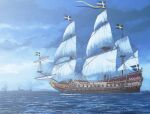  blue_sky building cannon clouds day figurehead_(boat) gentry_kichida highres mast military military_vehicle no_humans ocean original outdoors sail sailing_ship ship sky sweden swedish_flag vasa_(ship) vehicle_focus warship watercraft waves 