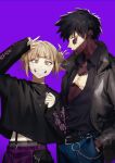  1boy 1girl absurdres black_hair boku_no_hero_academia dabi_(boku_no_hero_academia) double_bun from_side grin hand_in_pocket highres ichimonjikun2 jacket long_sleeves midriff_peek open_clothes open_jacket open_shirt purple_background ring_necklace smile stitches toga_himiko v 