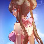  1girl bangs bikini blue_eyes brown_hair closed_mouth clouds commentary_request day double_bun lens_flare long_hair looking_at_viewer looking_back outdoors pink_bikini pokemon pokemon_(game) pokemon_bw2 rosa_(pokemon) sapphire_yue sky solo sparkle swimsuit twintails upper_body 