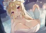  1girl alternate_eye_color blonde_hair blurry blurry_background bottle breasts commentary_request dutch_angle hat hat_ribbon highres huge_breasts kogalashi looking_at_viewer mob_cap night night_sky onsen outdoors red_eyes red_ribbon ribbon sake_bottle sky smiel snowing solo touhou white_headwear winter yakumo_yukari 