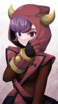  1girl bangs closed_mouth commentary courtney_(pokemon) fake_horns gloves gradient gradient_background highres hood hood_pull hood_up horns long_sleeves looking_at_viewer pokemon pokemon_(game) pokemon_oras purple_hair red_gloves red_sweater ribbed_sweater short_hair solo sweater team_magma team_magma_uniform tento_(1010) upper_body vambraces violet_eyes 