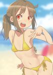  1girl arm_up ass_visible_through_thighs beach bikini breasts brown_hair clouds covered_nipples highres leaning_forward long_hair looking_at_viewer navel ocean open_mouth original outdoors ponytail red_eyes rosia_san side-tie_bikini sky small_breasts smile solo swimsuit thigh_gap v yellow_bikini 