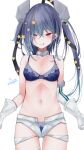  1girl :q absurdres asymmetrical_hair bangs blue_bra blue_hair blue_panties blush bra breasts elbow_gloves eyebrows_visible_through_hair gloves gradient_hair haggy hair_between_eyes hair_ornament hair_ribbon headgear highres kantai_collection long_hair looking_at_viewer mini_wings multicolored_hair multiple_views open_clothes open_shorts panties panty_peek purple_hair ribbon scamp_(kancolle) short_shorts shorts simple_background single_elbow_glove solo star_(symbol) star_hair_ornament tongue tongue_out two_side_up underwear violet_eyes white_background white_gloves white_shorts wings 