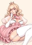  1girl absurdres alternate_costume bangs blonde_hair blue_eyes blush breasts crown dress elbow_gloves gloves hand_on_own_face highres jasmin_darnell lingerie long_hair looking_at_viewer open_mouth pink_dress princess_peach puffy_sleeves see-through_sleeves simple_background super_mario_bros. thick_thighs thigh-highs thighs underwear white_gloves 