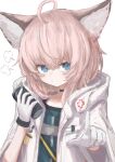  1girl ahoge animal_ears arknights bangs blue_eyes blush can canned_coffee choker commentary_request fox_ears fox_girl gloves highres hood hood_down hooded_jacket jacket piennamekuzi pout short_hair solo sussurro_(arknights) 