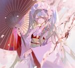  1girl branch cherry_blossoms commentary falling_petals flower green_eyes green_hair hair_flower hair_ornament hatsune_miku headdress holding holding_umbrella japanese_clothes kimono long_hair looking_at_viewer mamenomoto obi oil-paper_umbrella petals pink_flower pink_theme sash smile solo twintails umbrella upper_body very_long_hair vocaloid white_kimono wide_sleeves 
