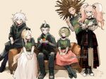  3boys 3girls absurdres alternate_costume animal arm_tattoo bangs barry_nah bear_hair_ornament beard black_bow black_choker black_footwear black_hair black_legwear blonde_hair blue_eyes boots bow brown_background brown_hair character_request choker closed_eyes closed_mouth couch danganronpa:_trigger_happy_havoc danganronpa_(series) danganronpa_2:_goodbye_despair danganronpa_v3:_killing_harmony double_v enoshima_junko facial_hair goatee green_hair grey_hair grin hagakure_yasuhiro hair_bow hair_ornament hamster heterochromia highres holding holding_animal jacket komaeda_nagito layered_sleeves long_hair long_sleeves messy_hair multicolored_hair multiple_boys multiple_girls open_clothes open_jacket pantyhose pink_skirt red_eyes scar scar_across_eye short_over_long_sleeves short_sleeves simple_background sitting skirt smile sonia_nevermind striped_sleeves tanaka_gandamu tattoo teeth toujou_kirumi twintails twitter_username two-tone_hair v white_skirt 